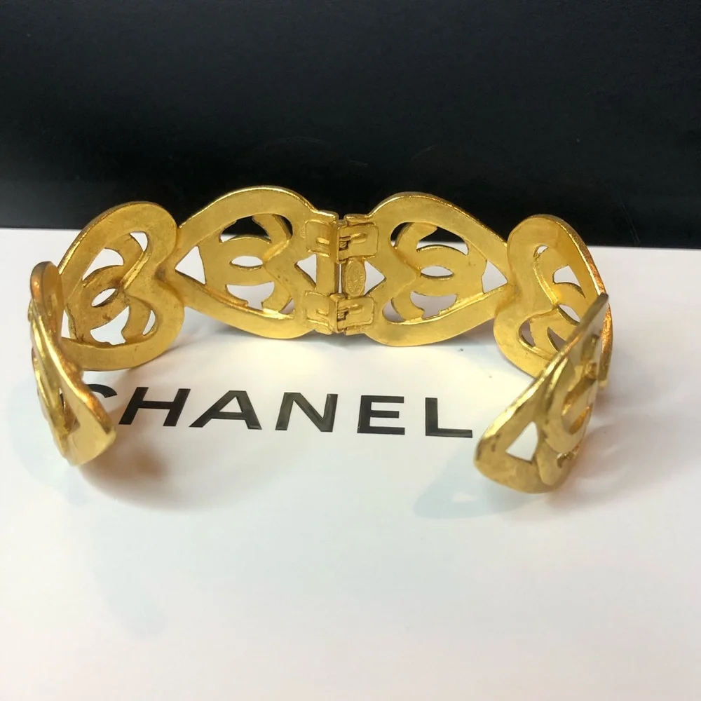 CHANEL Gold Statement Cuff Bracelet Interlocking CC Open Heart Design w/ Box